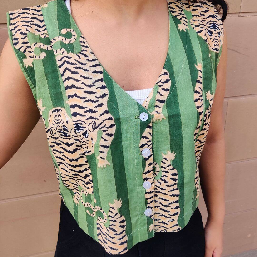 Green Tiger Cotton fitted Waist coat - GHAAVI.