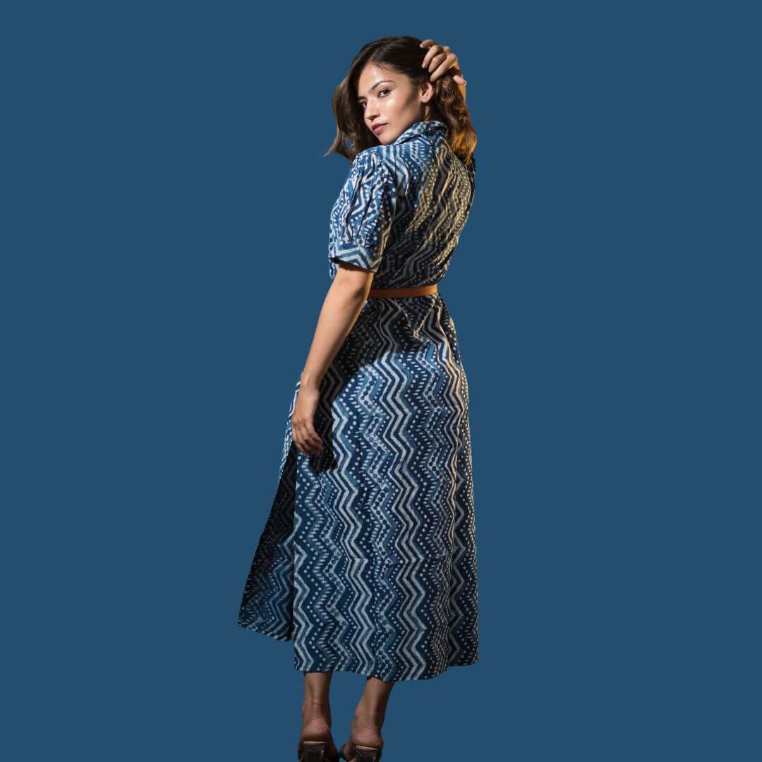 Indigo Hand Block Dabu Dress - GHAAVI.