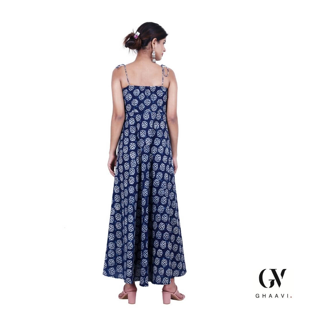 Indigo hand block Dabu Floral Sleeveless Dress - GHAAVI.