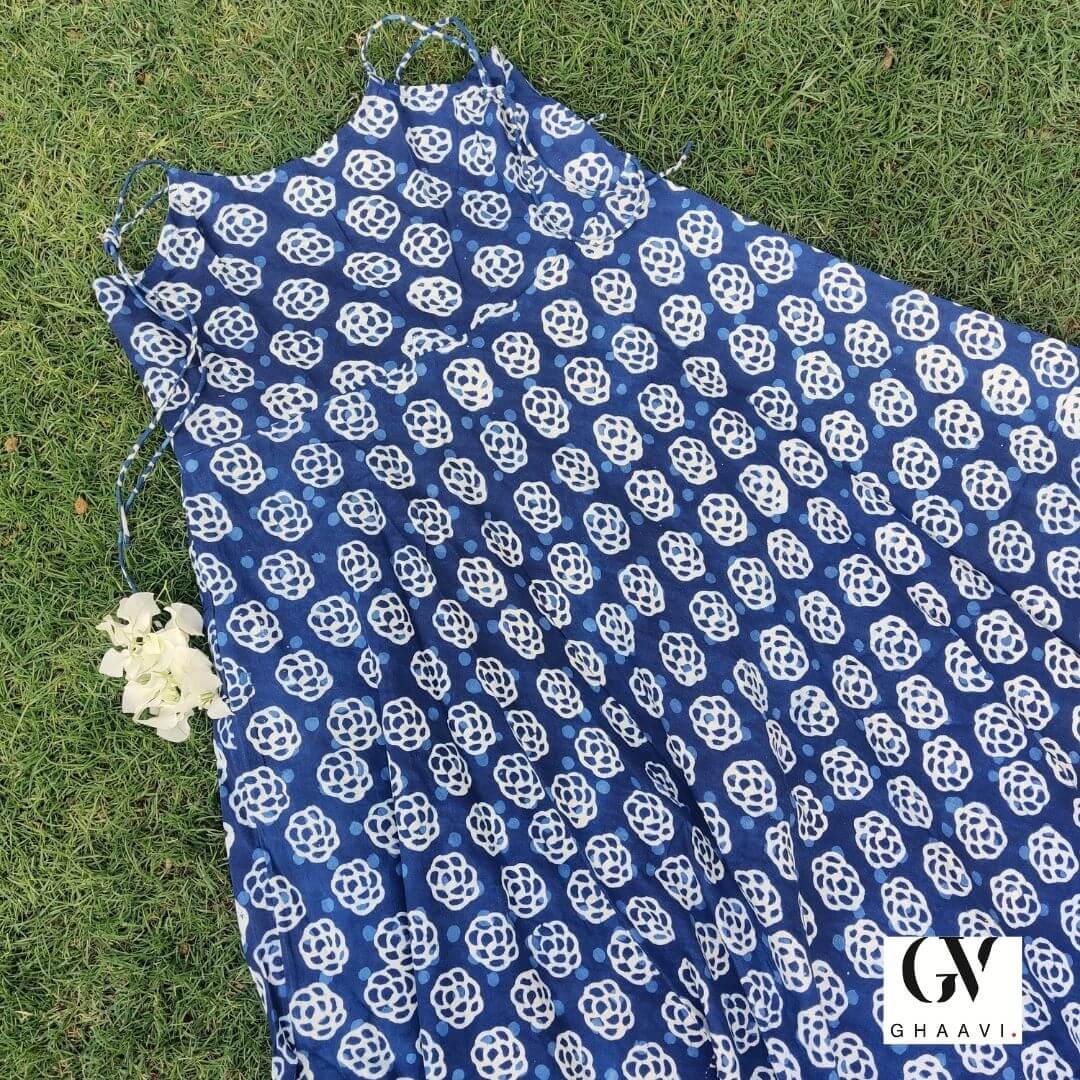Indigo hand block Dabu Floral Sleeveless Dress - GHAAVI.