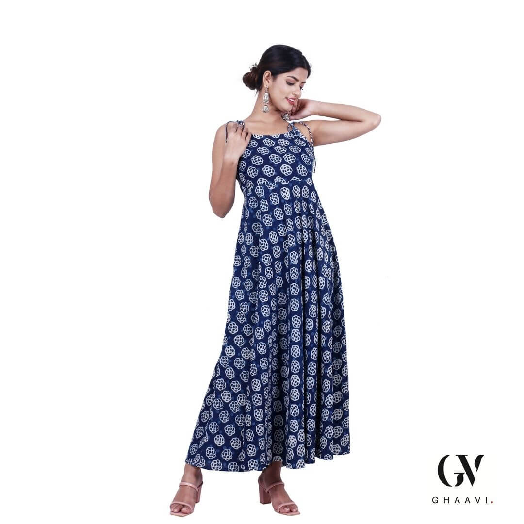 Indigo hand block Dabu Floral Sleeveless Dress - GHAAVI.
