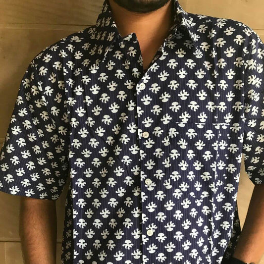 Navy Coral Short Sleeves Cotton Shirt - GHAAVI.