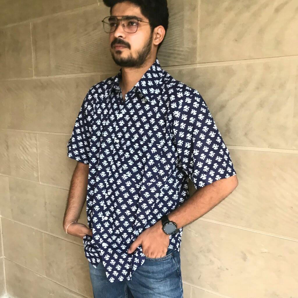 Navy Coral Short Sleeves Cotton Shirt - GHAAVI.