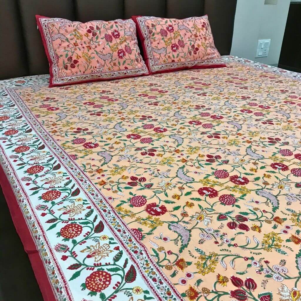 Orange Dream Hand Block Print Bedsheet set - GHAAVI.
