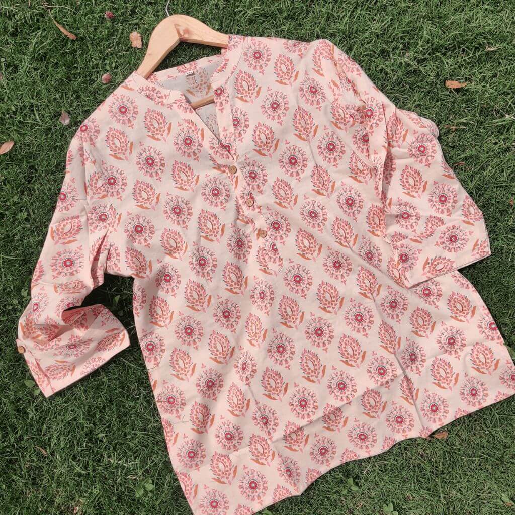 Peach Ajrakh Print Cotton Kurti - GHAAVI.