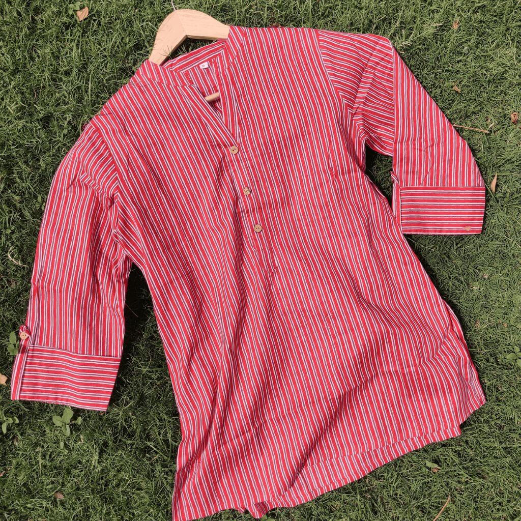 Red Striped print Cotton Kurti - GHAAVI.