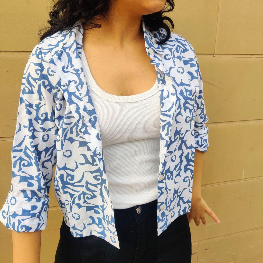 Slenor Blue Print Cotton Crop shirt - GHAAVI.