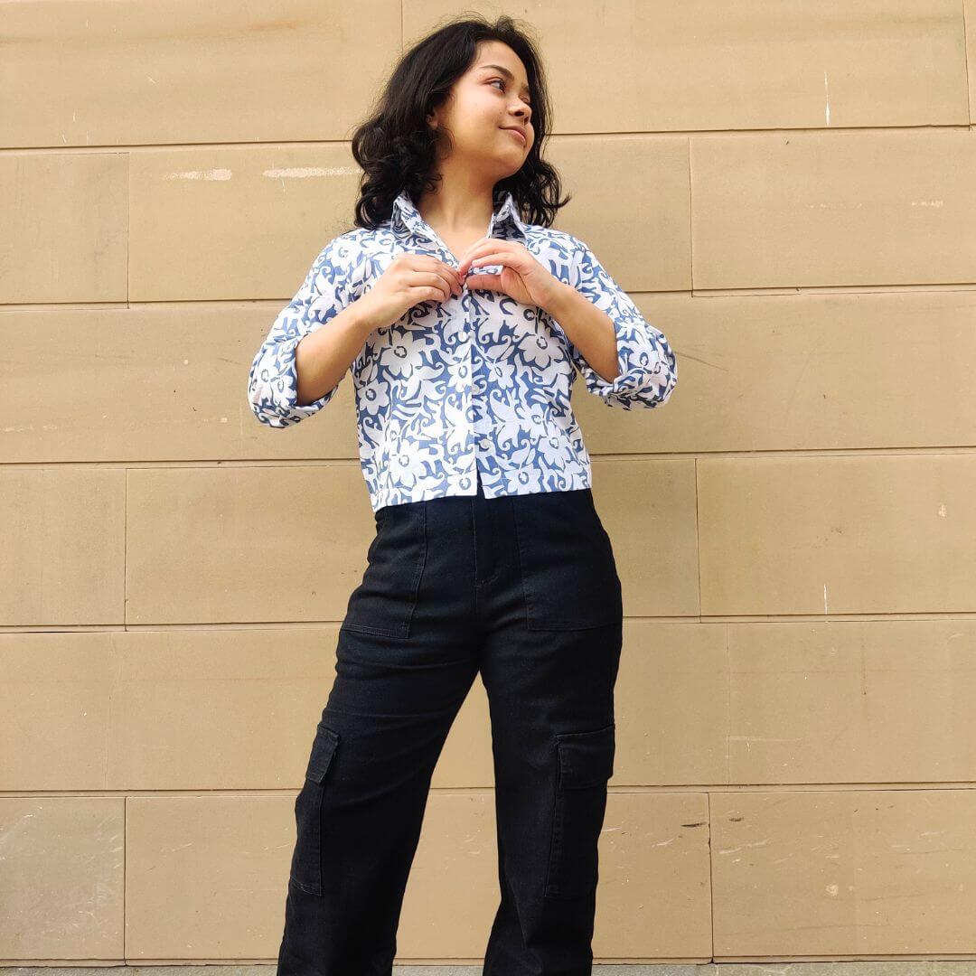 Slenor Blue Print Cotton Crop shirt - GHAAVI.