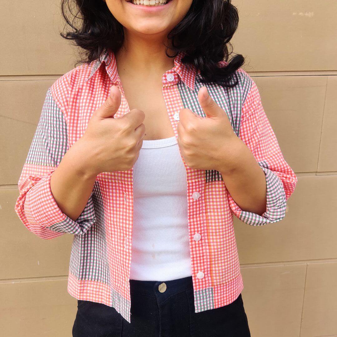 Surmaya Red Check Cotton Crop shirt - GHAAVI.