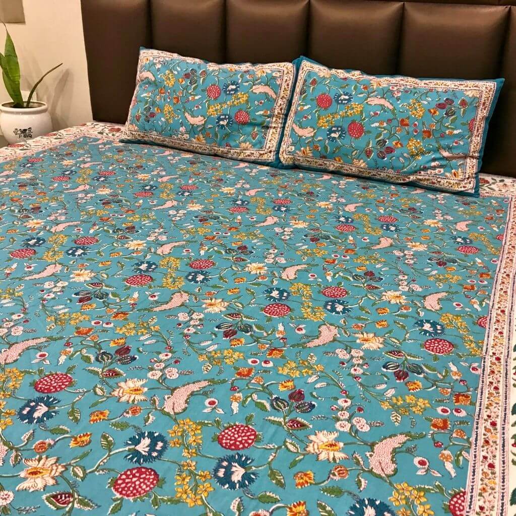 Teal Dream Hand Block Print Bedsheet set - GHAAVI.