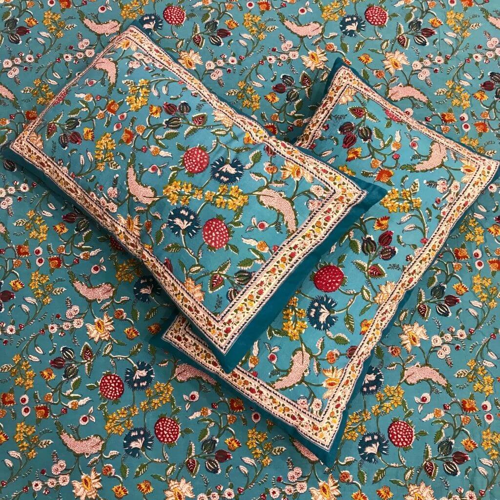Teal Dream Hand Block Print Bedsheet set - GHAAVI.