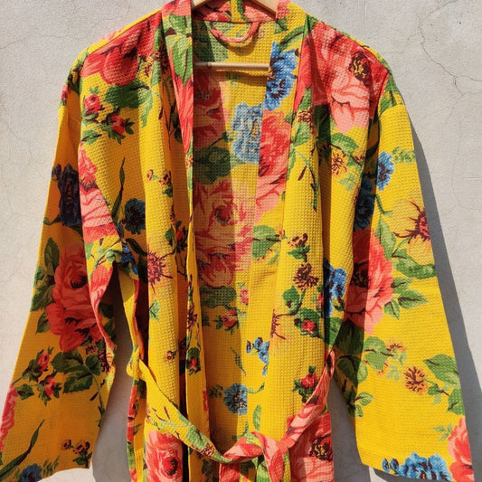 Yellow Big Fower Unisex waffle Bathrobe - GHAAVI.