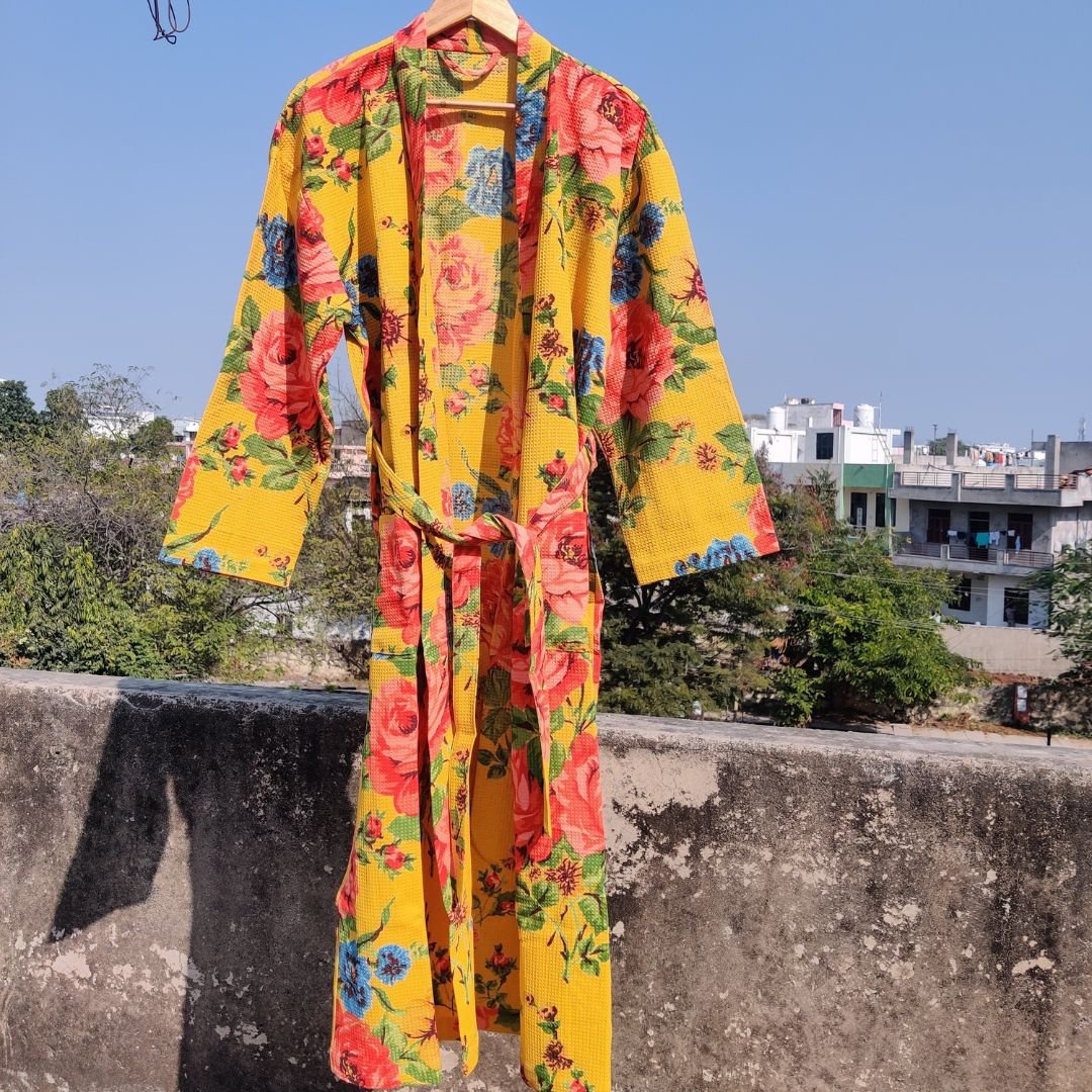 Yellow Big Fower Unisex waffle Bathrobe - GHAAVI.