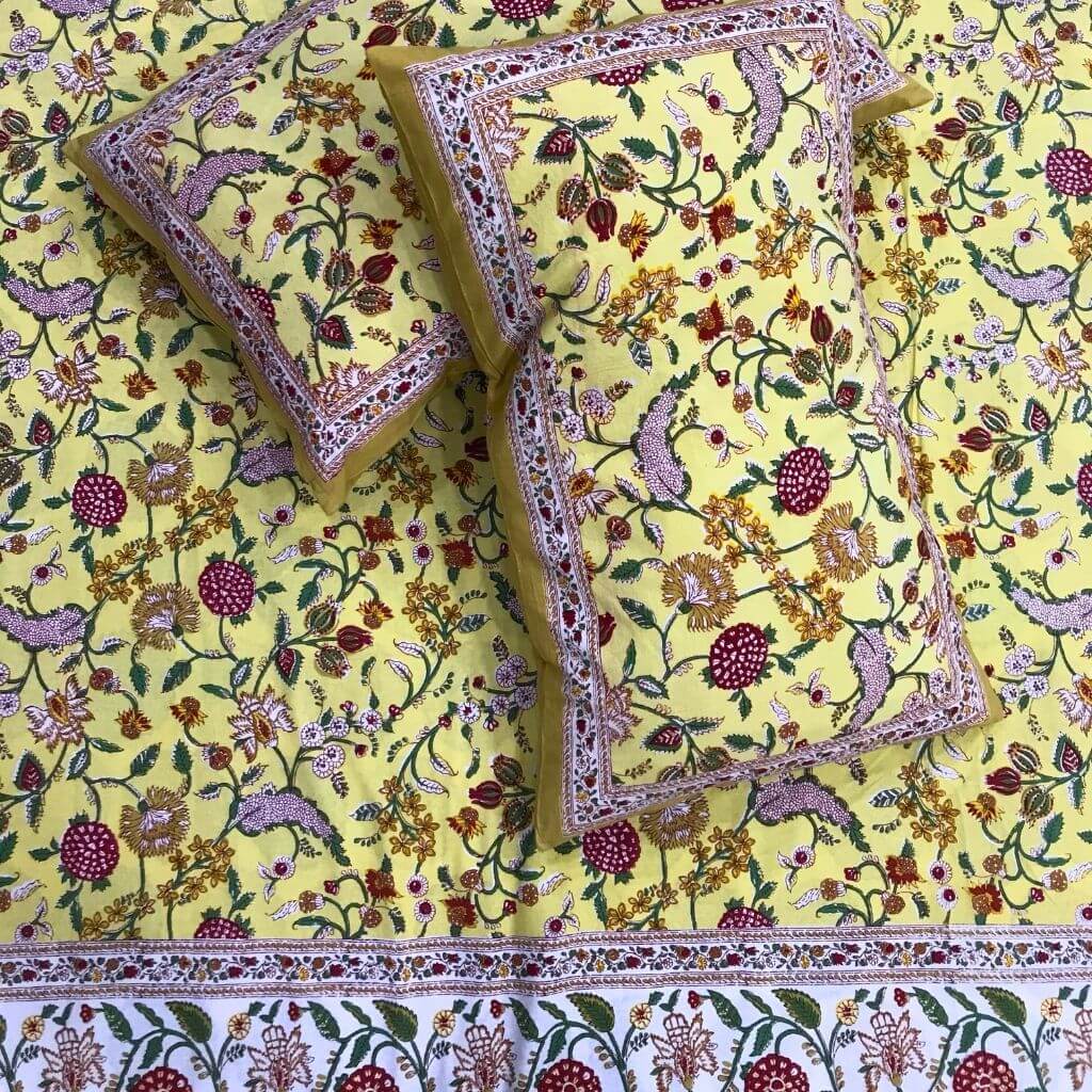 Yellow Dream Hand Block Print Bedsheet set - GHAAVI.