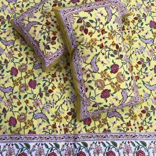 Yellow Dream Hand Block Print Bedsheet set - GHAAVI.