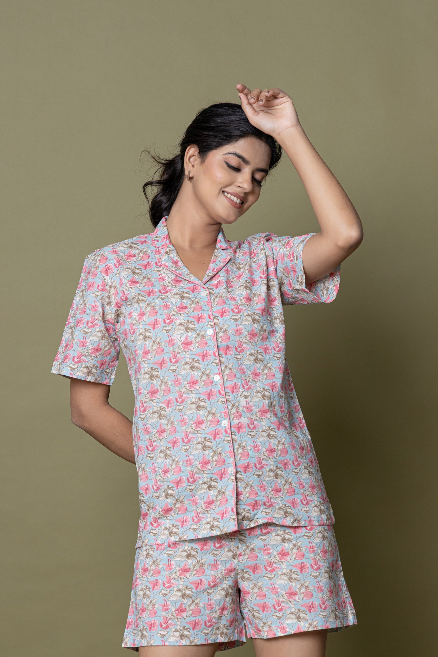 Blue & Pink Printed Cotton Nightsuit