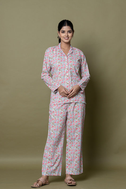 Blue & Pink Printed Cotton Nightsuit