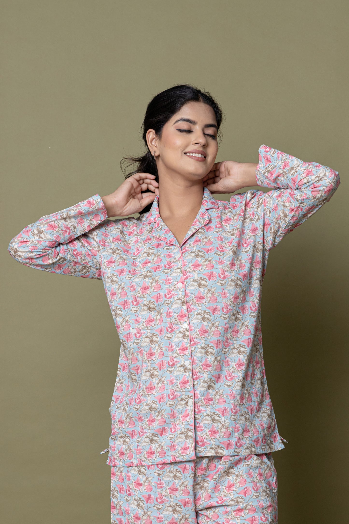 Blue & Pink Printed Cotton Nightsuit