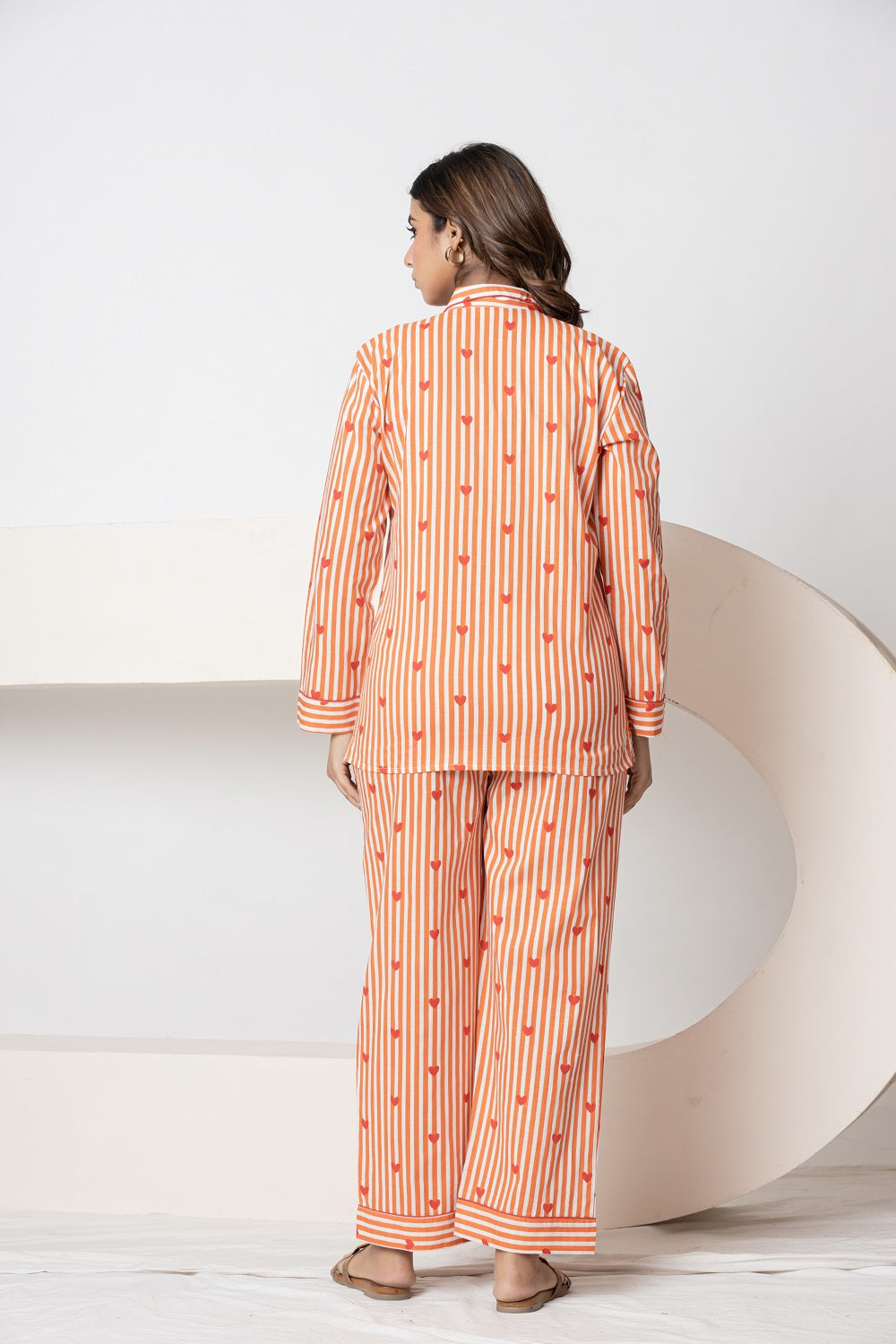 Striped heart Print Cotton Night Suit