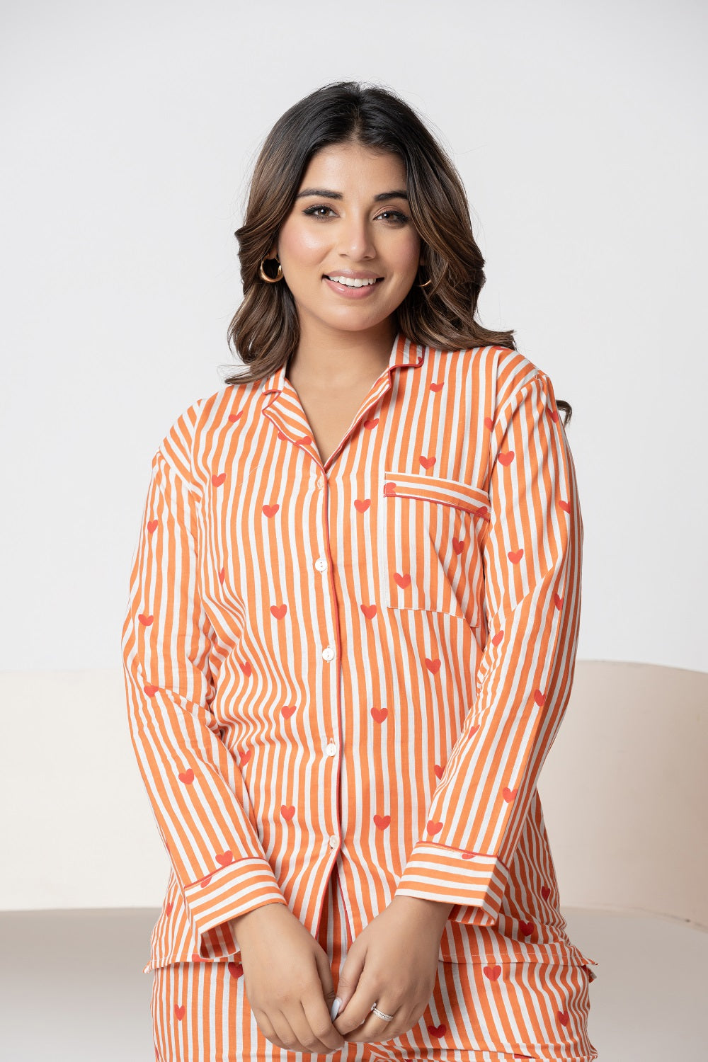 Striped heart Print Cotton Night Suit