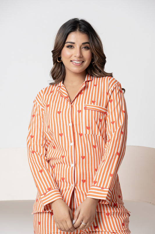 Striped heart Print Cotton Night Suit