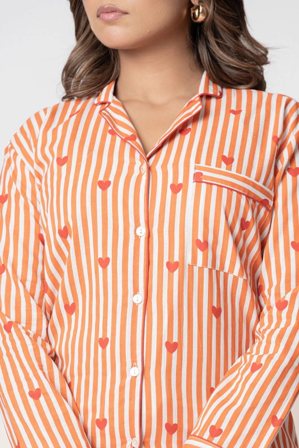 Striped heart Print Cotton Night Suit