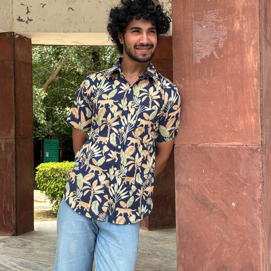 Navy Jungle Print short sleeve Shirt