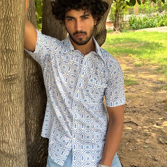 White Blue Jharokha short sleeve Shirt