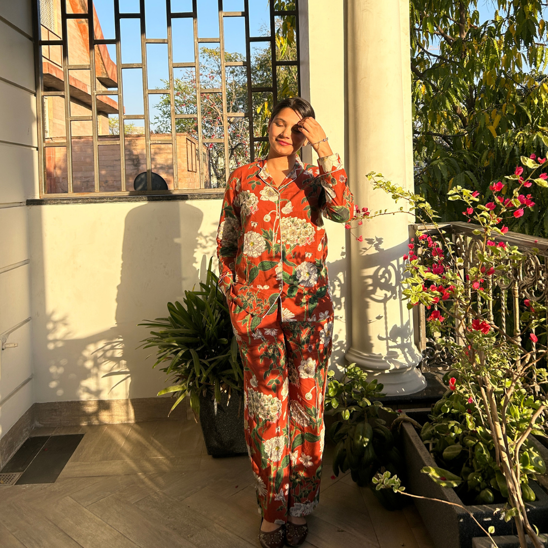 Brown Flower Cotton Full sleeve pants Night suit