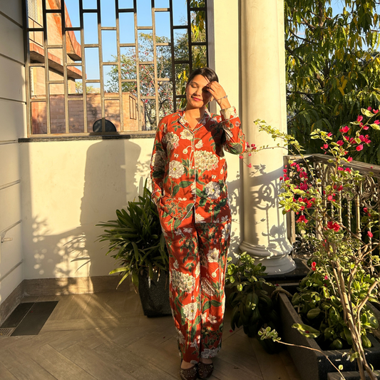 Brown Flower Cotton Full sleeve pants Night suit