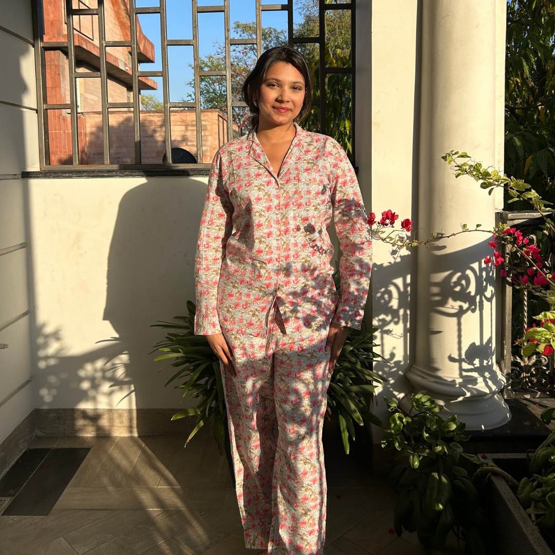 Blue & Pink Printed Cotton Nightsuit