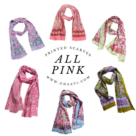 All Pink Hand block printed Scarfs - GHAAVI.