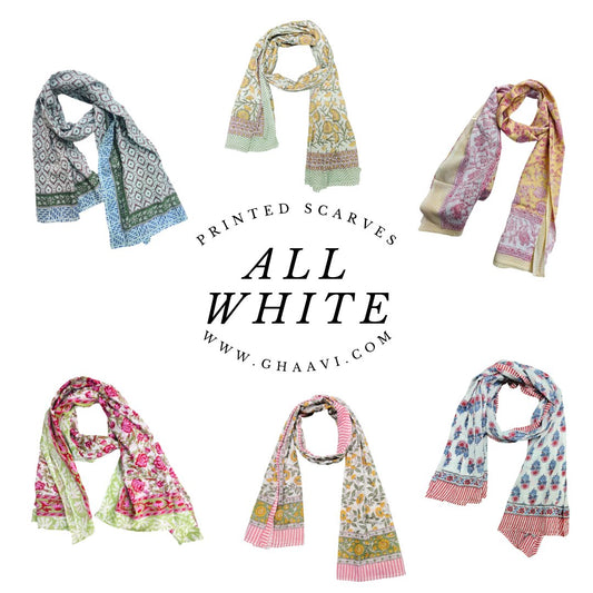 All White Printed Hand block Scarfs - GHAAVI.