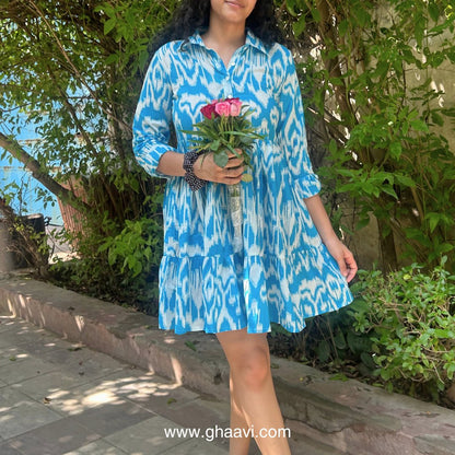 Aqua Ikat Cotton Tier Dress - GHAAVI.