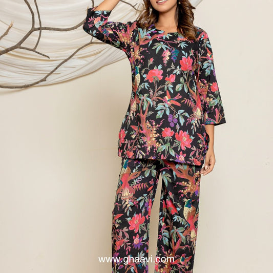 Black Bird Paradise Print Lounge wear set - GHAAVI.