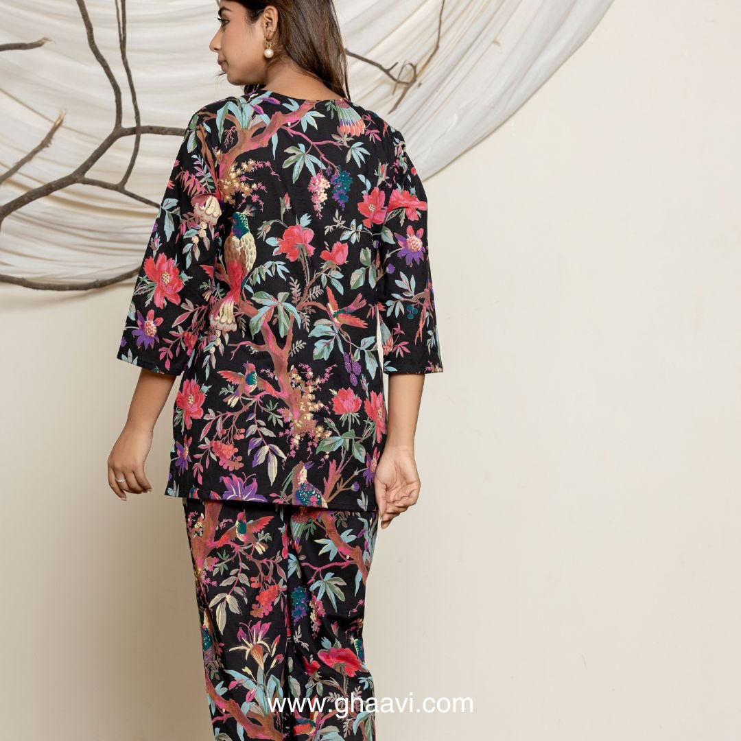 Black Bird Paradise Print Lounge wear set - GHAAVI.