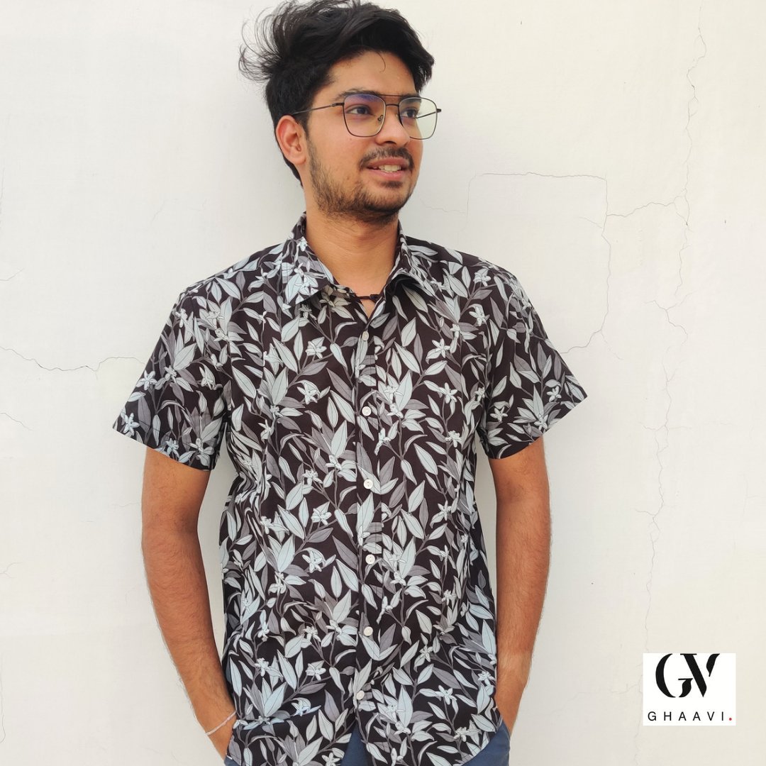 Black leafy printed Half Sleeves Cotton Shirt - GHAAVI.