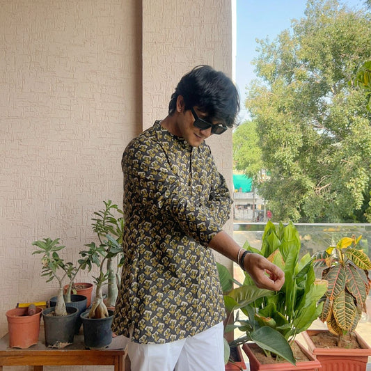 Olive Gul Buta Men Short Kurta