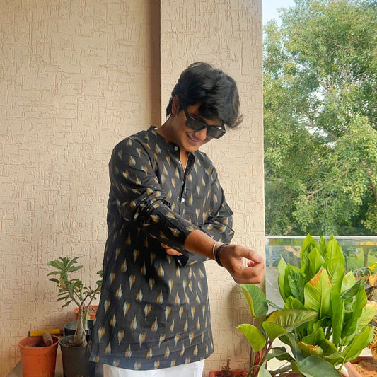 Black Ikat Men Short kurta