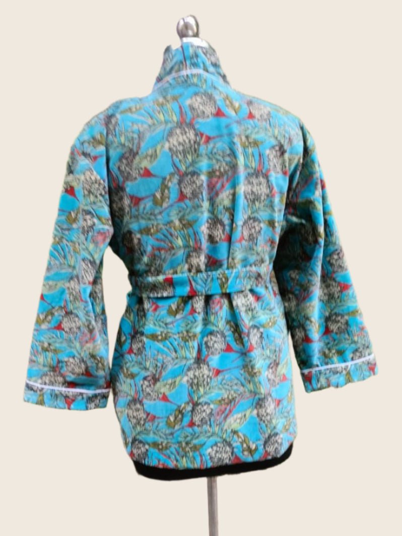 Blue Leafy Autumn Velvet Robe - GHAAVI.