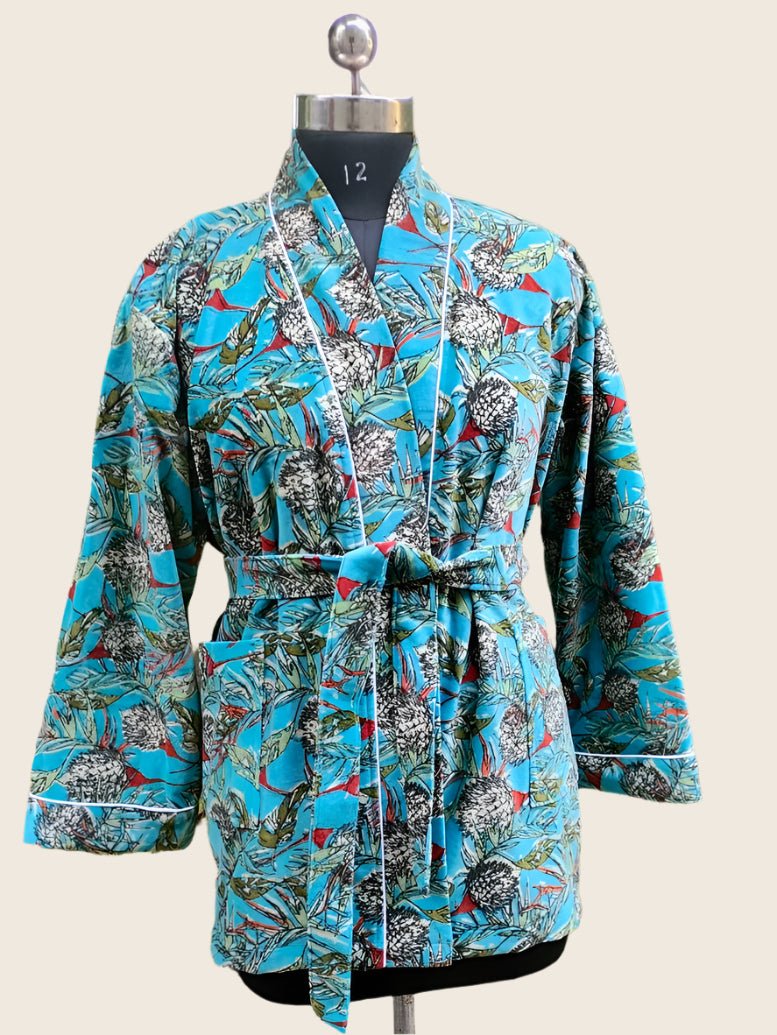 Blue Leafy Autumn Velvet Robe - GHAAVI.