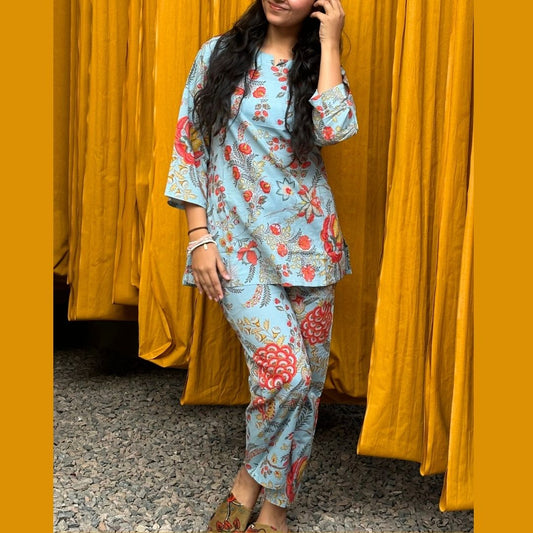 Blue Lulu print lounge wear set - GHAAVI.