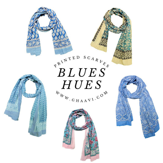 Blues Hues Hand block printed scarfs - GHAAVI.