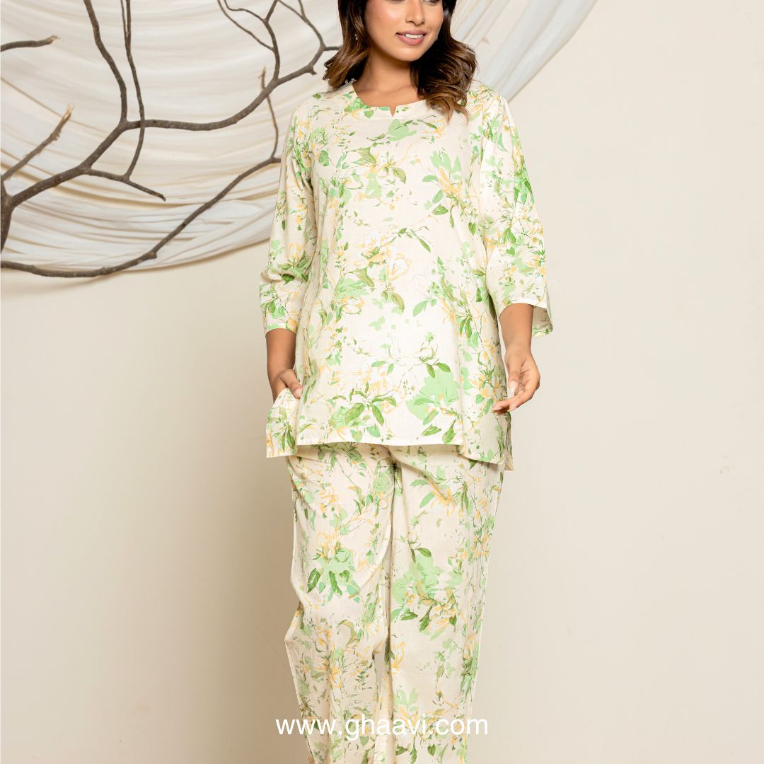 Cream floral print lounge wear set - GHAAVI.