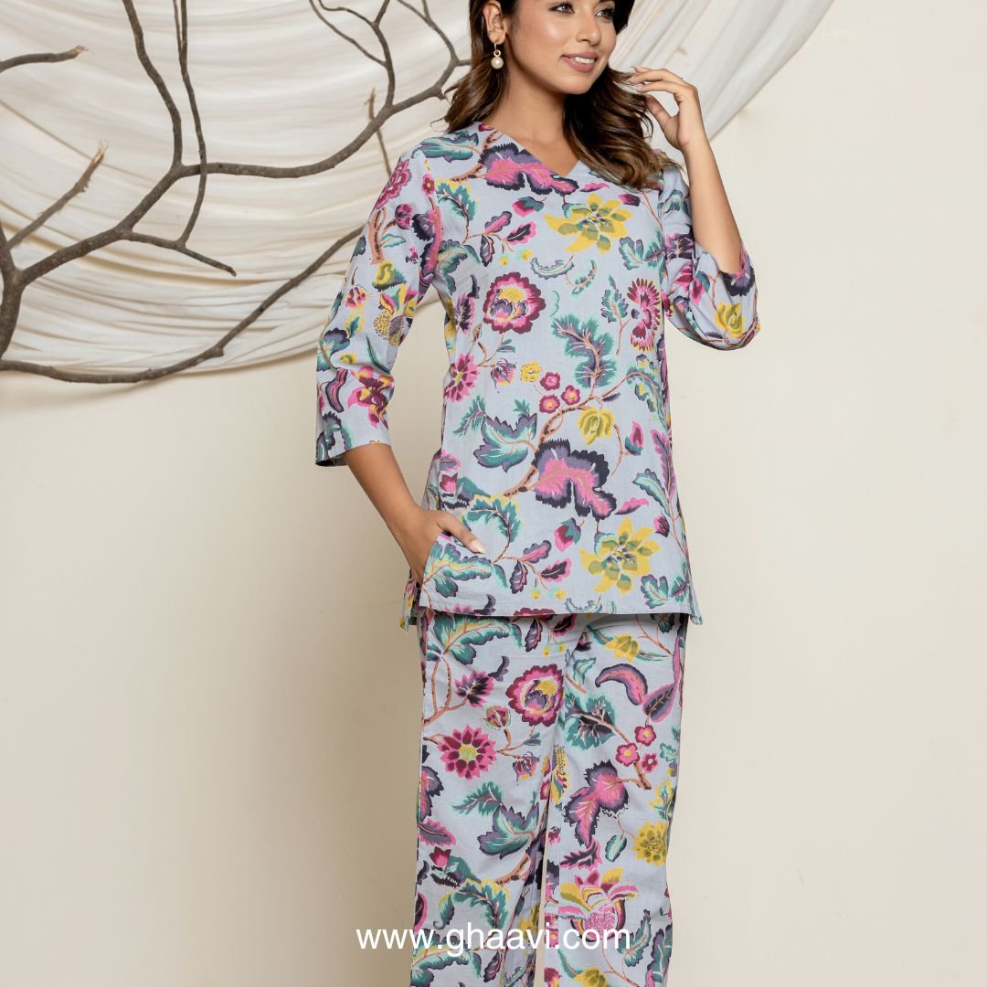 Grey Poppy Print Lounge wear set - GHAAVI.