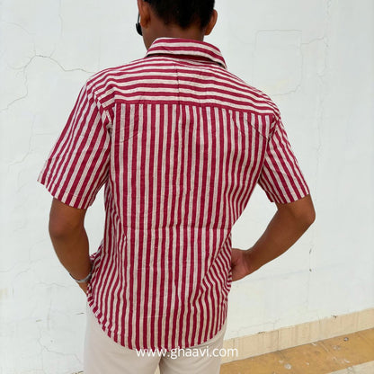 Maroon Stripes Printed cotton short sleeve shirt - GHAAVI.