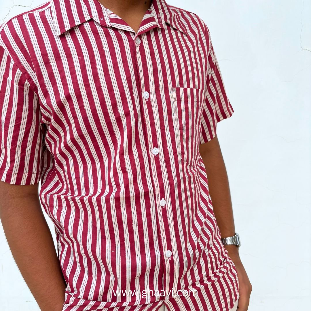 Maroon Stripes Printed cotton short sleeve shirt - GHAAVI.