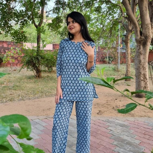 Navy Ajrakh Print Cotton Loungewear Set - GHAAVI.