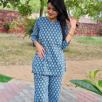 Navy Ajrakh Print Cotton Loungewear Set - GHAAVI.