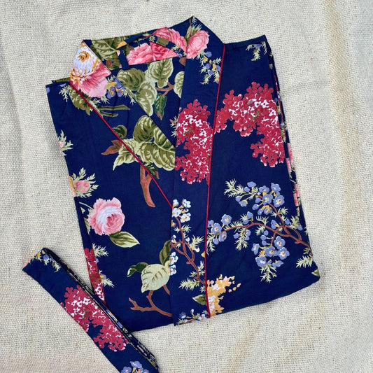 Navy Blue Big Floral Cotton Bathrobe - GHAAVI.